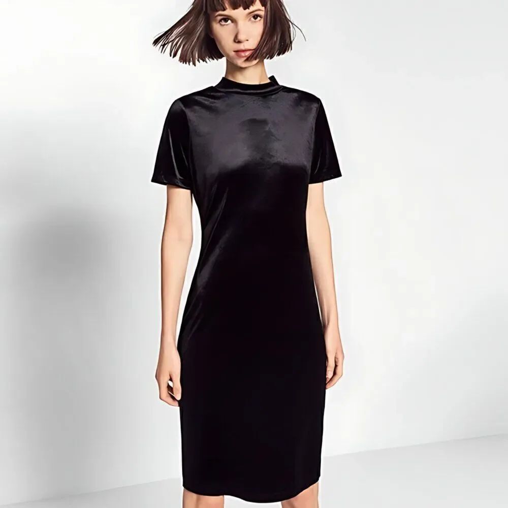 Like New Zara Womens Black Velour Mock Neck Midi Bodycon Dress